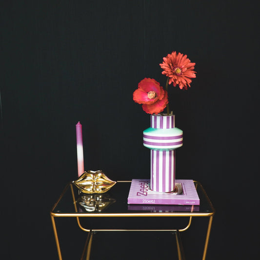 Vaas - Bretonse Streep - Keramiek - Mintgroen/Roze - 13x13x25cm