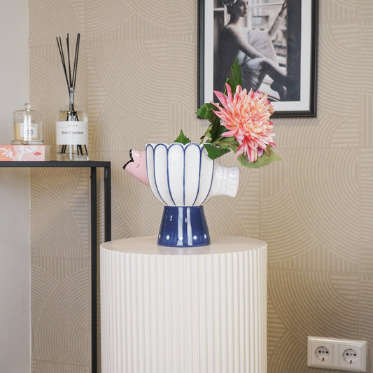 Vaas - Bloemvaas Zwemmende Vis- Dolomiet - Blauw/ Wit/Roze - 21x13.5x18cm