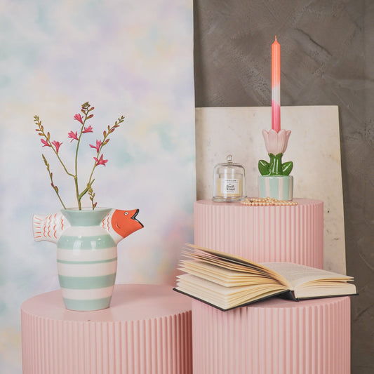 Vaas - Bloemvaas Zwemmende Vis- Dolomiet - Mint/ Wit/Oranje- 23x12.5x21cm