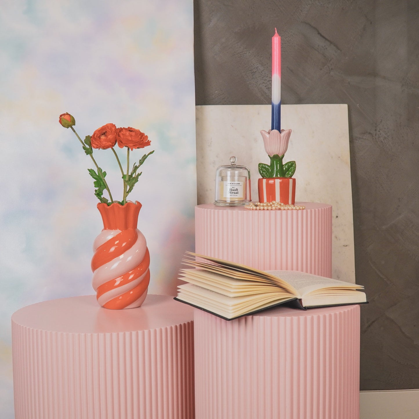 Kaarsen - Dipdye Dinerkaars - Neon Roze/Wit/Paars - S4 - 2,1x25 cm