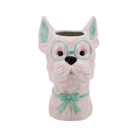 Vaas - Bloemen Vaas - Hond - Dolomiet - Roze/Mintgroen - 13,5x14,5x23cm