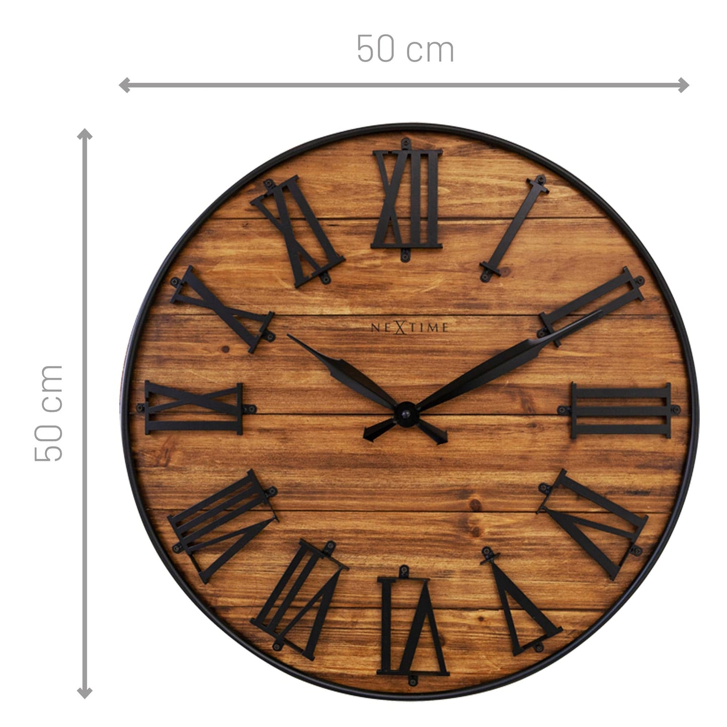 Large Wall Clock - 50cm - Silent - Dark Wood Metal - "Manchester"
