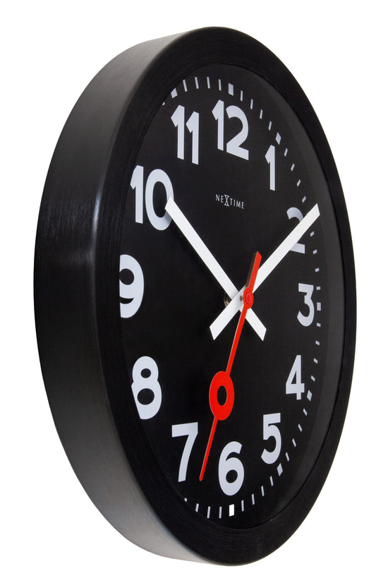 Wall Clock 35cm-Silent-Black-Anodized Aluminium-NeXtime 'Station All Black'