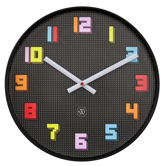 Wall Clock 35cm-Silent-Black/Multicolour-ABS- nXt 'Game'