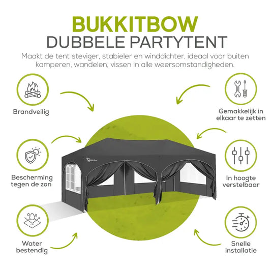 Dubbele Partytent met Zijwanden - 3x6m – Opvouwbare Tent – Waterdicht en Weersbestendig - BukkitBow
