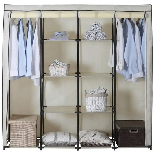 BukkitBow - Grote Kledingkast met Anti-Stofhoes - Niet-geweven en Stalen Buis - Grijs met Crème - 174x46x169cm