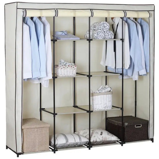 BukkitBow - Grote Kledingkast met Anti-Stofhoes - Niet-geweven en Stalen Buis - Grijs met Crème - 174x46x169cm