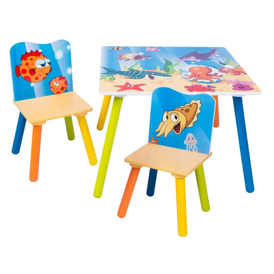 BukkitBow - Houten Kindertafel / Kinderbureau - met Visprint - Inclusief 2 Stoelen (60X60CM)