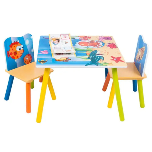 BukkitBow - Houten Kindertafel / Kinderbureau - met Visprint - Inclusief 2 Stoelen (60X60CM)