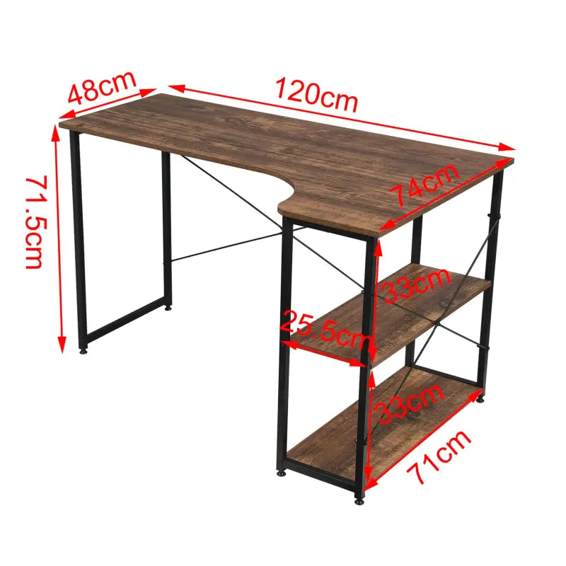 BukkitBow - Industrieel Bureau - Klein Hoekbureau met 2 Planken Opbergruimte - 120x74cm