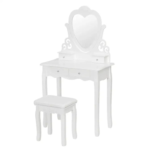 BukkitBow - Kaptafel / Make-up Tafel met Kruk en Hart Spiegel – Tafel met 2 Grote en 2 Kleine Laden - Inclusief Stoel / Kruk - 140X75X40CM