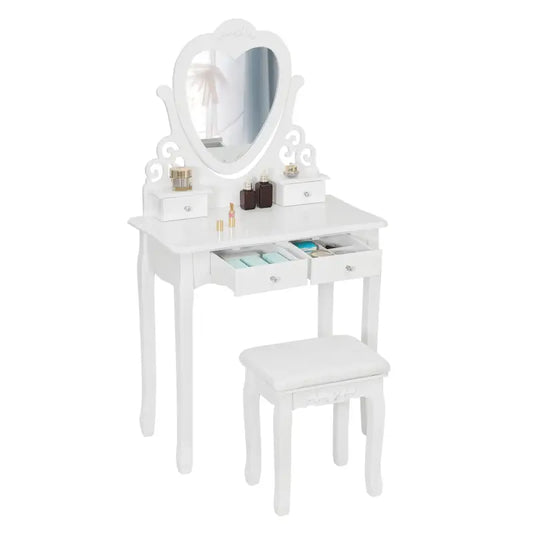 BukkitBow - Kaptafel / Make-up Tafel met Kruk en Hart Spiegel – Tafel met 2 Grote en 2 Kleine Laden - Inclusief Stoel / Kruk - 140X75X40CM