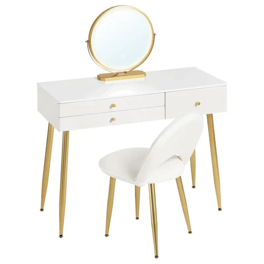 BukkitBow - Kaptafel / Make-up Tafel met LED Verlichting – Tafel met 3 Grote laden - Met Ronde LED Spiegel – Inclusief Stoel / Kruk - 100X80X40CM