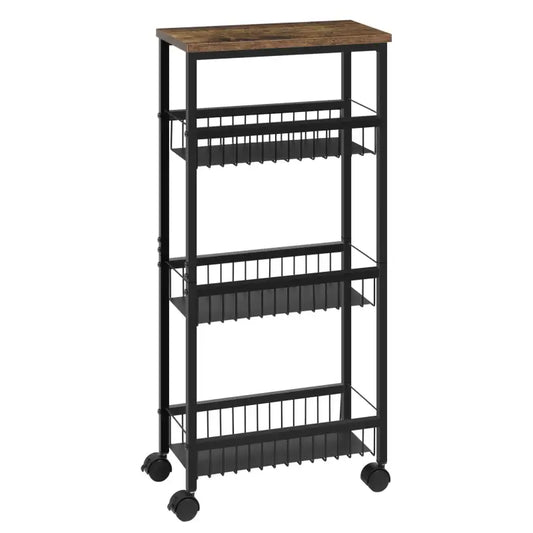 BukkitBow - Keukentrolley met 4 Niveaus - E1 MDF/Metaal - 40x87x20 cm - Verplaatsbaar en Ruimtebesparend - Zwart/Vintage Houtlook