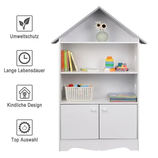 BukkitBow - Kinderboekenkast - 3 Planken en Opslagkast in Huis Vorm - Wit met Grijs - 62x115x27cm