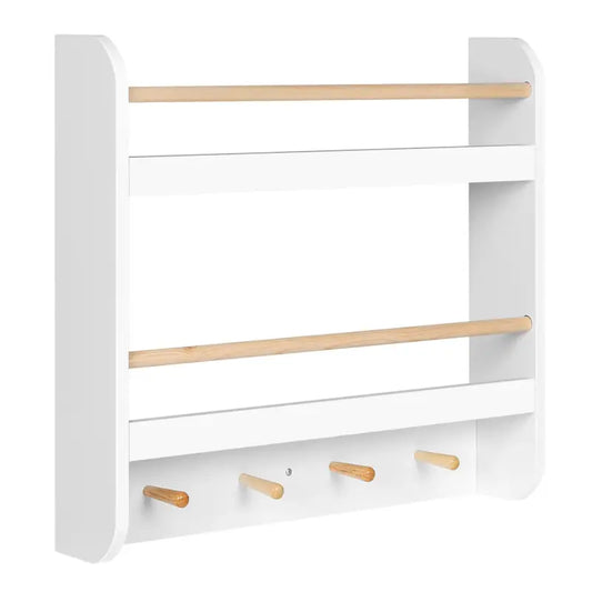 BukkitBow - Kinderboekenplank - Sterk MDF en Grenenhout - 2 Planken met 2 Stangen en 4 Haken - Wandmontage - 60x55x12cm