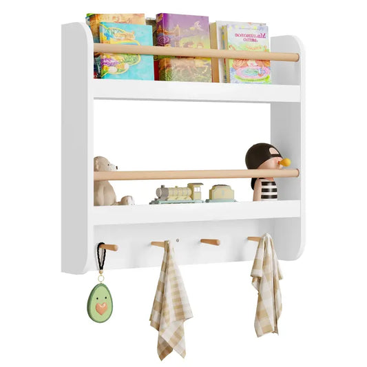 BukkitBow - Kinderboekenplank - Sterk MDF en Grenenhout - 2 Planken met 2 Stangen en 4 Haken - Wandmontage - 60x55x12cm
