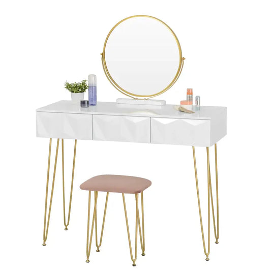 BukkitBow - Luxe Kaptafel met Kruk en 360 Graden Draaibare Ronde Spiegel - Met Gouden Poten en 3 Lades