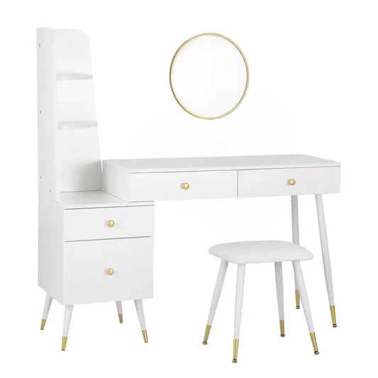 BukkitBow - Luxe Kaptafel met Kruk en Ronde Spiegel en Opbergkast - Gouden Poten