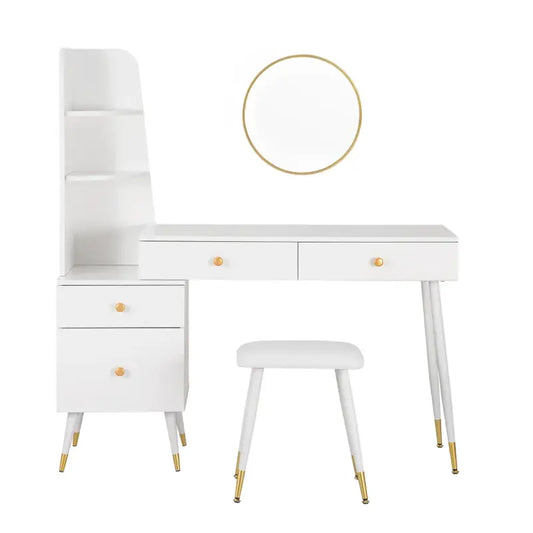 BukkitBow - Luxe Kaptafel met Kruk en Ronde Spiegel en Opbergkast - Gouden Poten