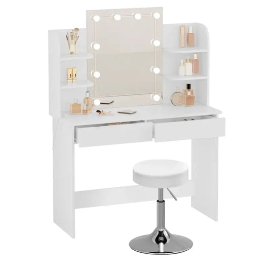 BukkitBow - Luxe Uitgebreide Kaptafel - met Kruk en Verlichte LED-Spiegel - Inclusief Lades en Opbergplankjes - Ideaal voor Make-UP - 108X40X142CM