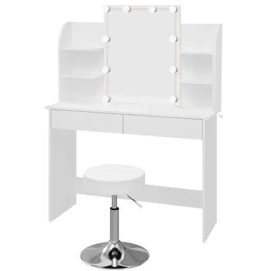BukkitBow - Luxe Uitgebreide Kaptafel - met Kruk en Verlichte LED-Spiegel - Inclusief Lades en Opbergplankjes - Ideaal voor Make-UP - 108X40X142CM