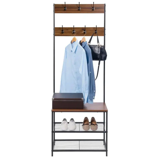 BukkitBow - Metalen Kapstok - Met Schoenenrek – Industriële Kapstok – Staand – Bruin Hout & Zwart Metaal
