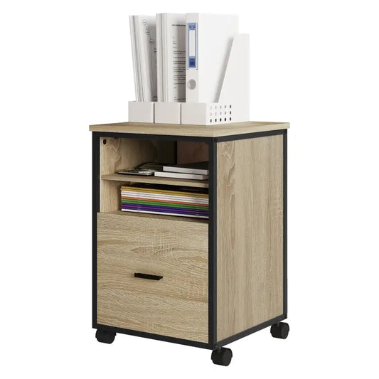 BukkitBow - Mobiele Compacte Archiefkast/Bijzettafel/Nachtkastje - Met 2 Planken en Lade voor Opbergruimte - Zwart Metaal met Eikenhout (40X40X60CM)