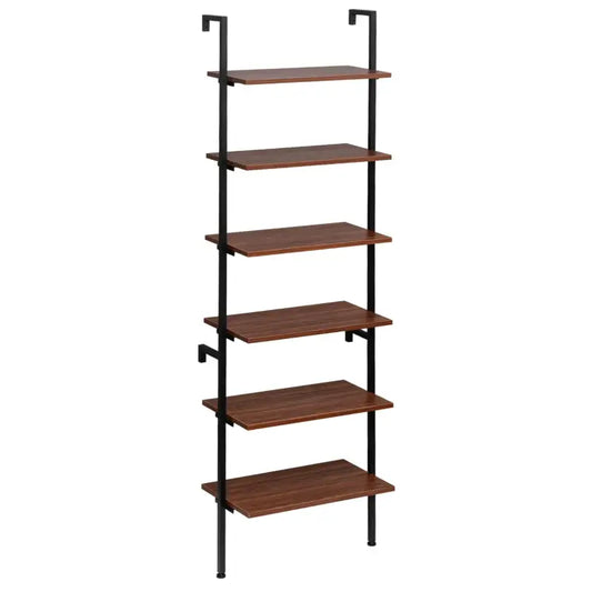 BukkitBow - Multifunctionele Ladderrek / Trappenrek - Stalen Frame - 6 Planken - Donker Eikenhout & Zwart Frame - 60x204x30cm