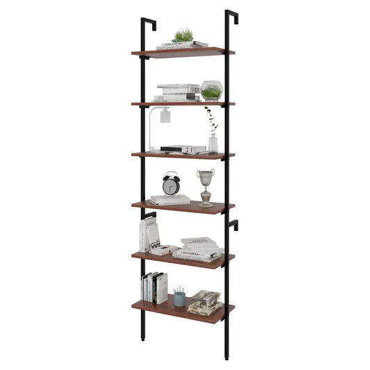 BukkitBow - Multifunctionele Ladderrek / Trappenrek - Stalen Frame - 6 Planken - Donker Eikenhout & Zwart Frame - 60x204x30cm