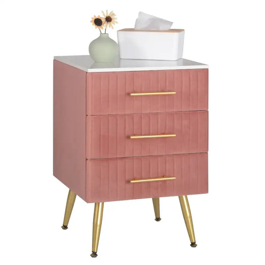 BukkitBow - Nachtkastje van Fluweel - Met 3 Lades en Gouden Poten (40X40X60CM)