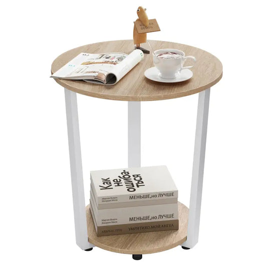 BukkitBow - Ronde Salontafel / Bijzettafel - Moderne Kleine Tafel - met 2 planken - Metalen Zwarte Frame