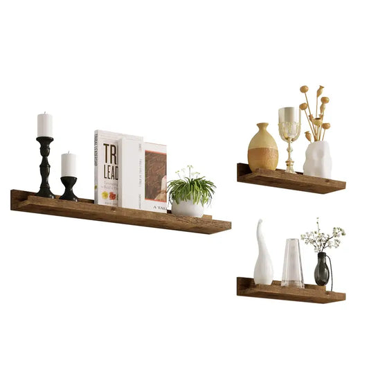 BukkitBow - Set van 3 Wandplanken - Hoogwaardig MDF - Vintage Bruin Hout - 1xGroot (60x10x5cm) & 2xKlein (30x10x5cm) - Maximale Belasting 5kg