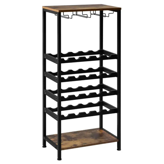 BukkitBow - Wijnopbergrek - Sterk Metaal - 4-Laags - Capaciteit voor 20 Flessen - 3 Glazenhouders - Rustiek Industrieel Design