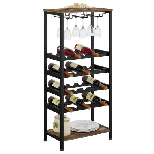 BukkitBow - Wijnopbergrek - Sterk Metaal - 4-Laags - Capaciteit voor 20 Flessen - 3 Glazenhouders - Rustiek Industrieel Design