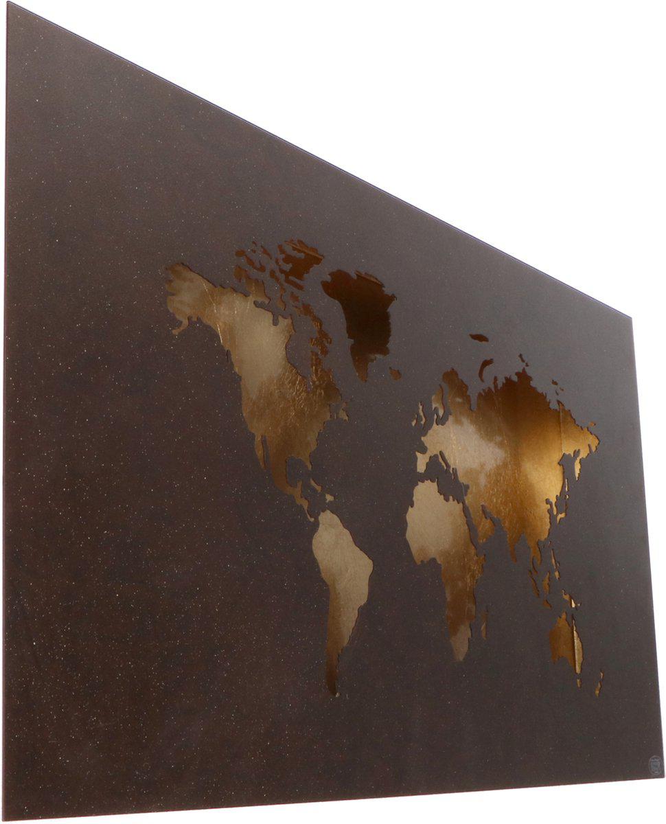 Design LED Wereldkaart wanddecoratie met verlichting - 60 x 30 cm - Bruin goud metaal
