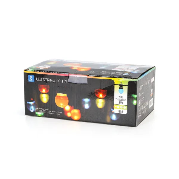Lichtstring kleur 8 meter (3+5) - 10 LED's meerkleurig | sproeidicht IP44 - koppelbaar (max 5) | 230VAC - 24V | met timer 6u aan/18u uit