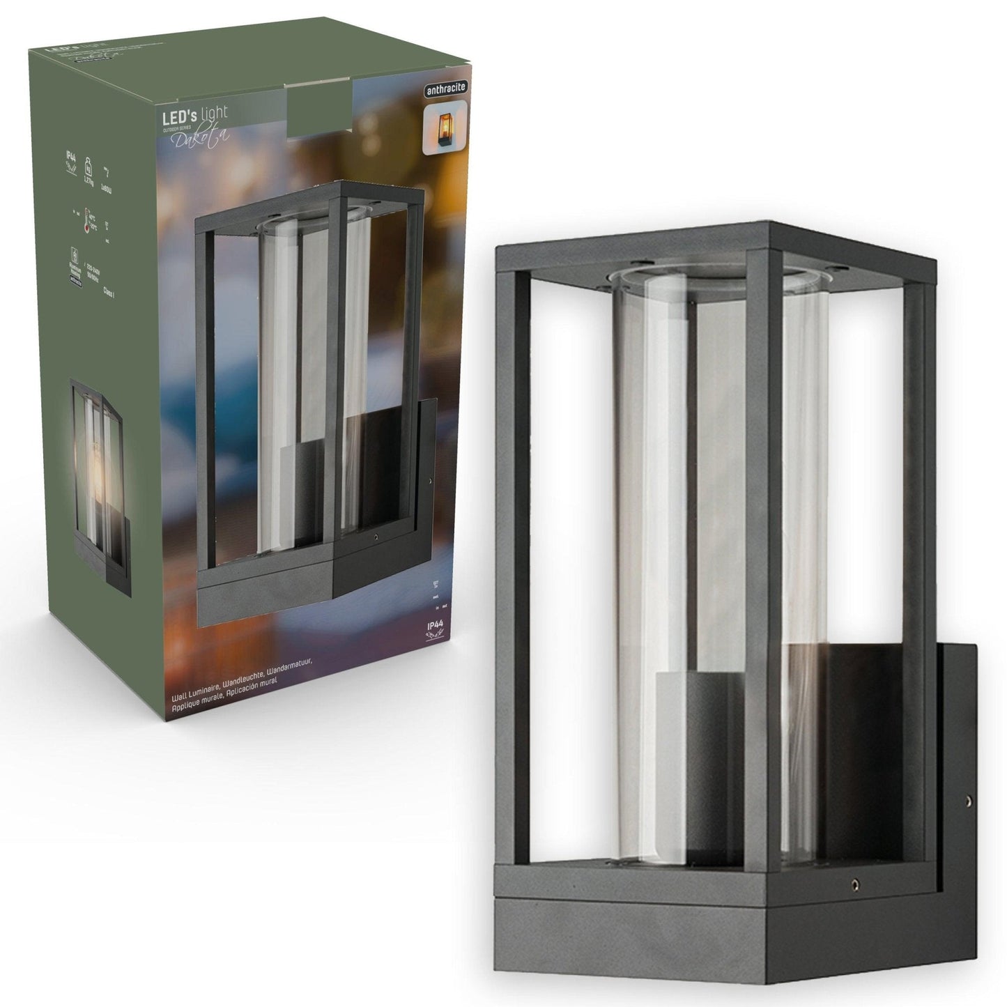 LED's Light LED Wandlamp met glazen ruiten - Rechthoek - E27 fitting - IP44 - Antraciet