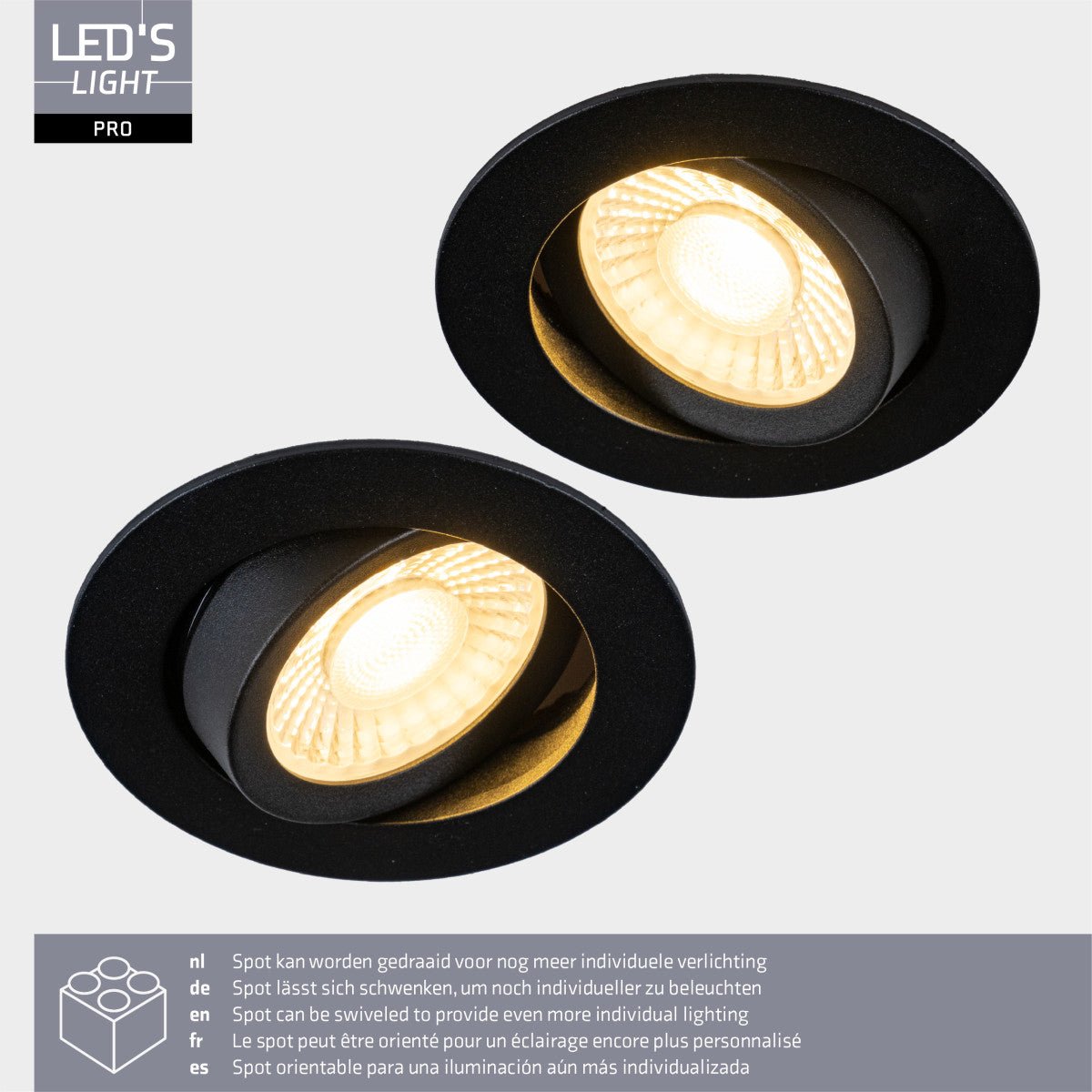 LED's Light PRO - 3 PACK - downlight inbouwspot Ø 68mm - Kantelbaar - Spatwaterdicht - Dim to Warm - Zwart