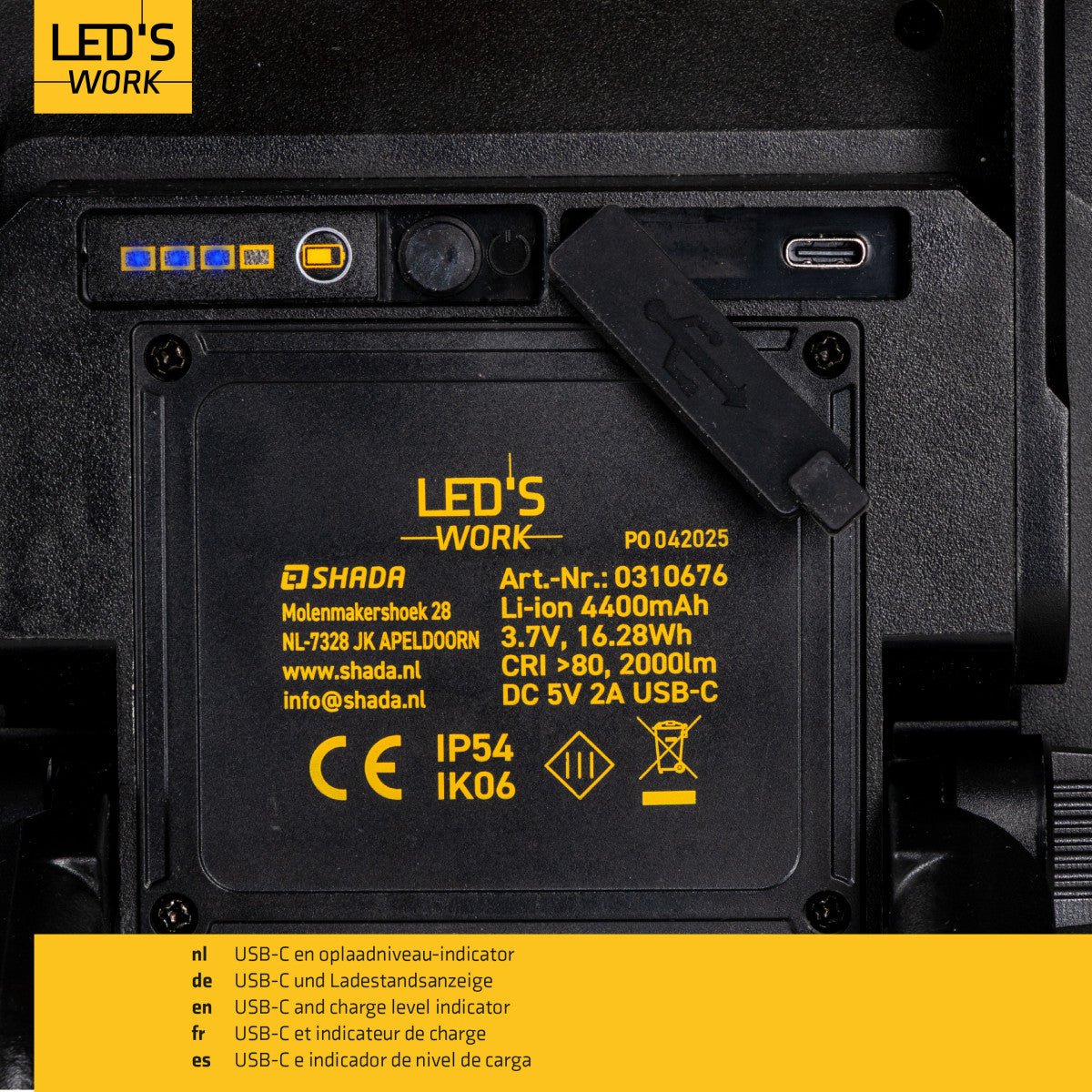 LED's Work LED Bouwlamp oplaadbaar 20W 2000lm - Werkt draadloos op accu - Stof- en waterdicht