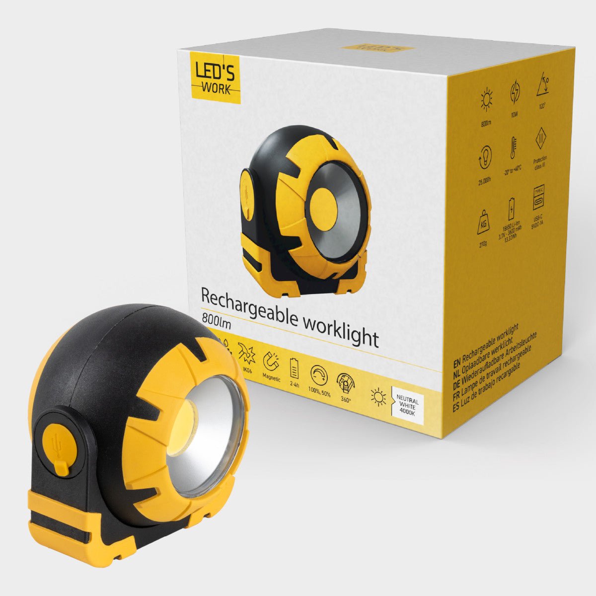 LED's Work Oplaadbare LED Looplamp – Krachtige Draadloze 800 Lumen Werk- & Noodlamp