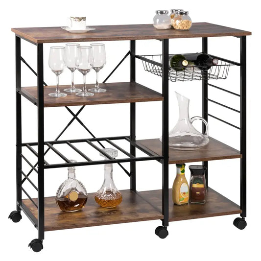 BukkitBow - Stevige Keukentrolley met Wijnrek, 360° Wielen, Veelzijdige Opbergfunctie - 90x40x83.5cm
