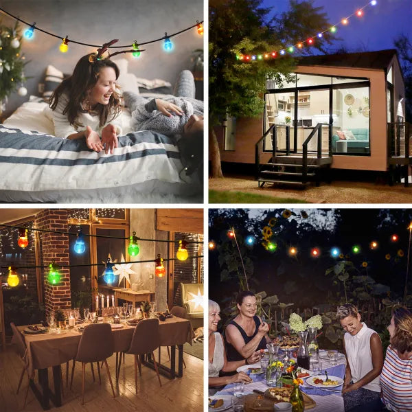 Lichtstring kleur 8 meter (3+5) - 10 LED's meerkleurig | sproeidicht IP44 - koppelbaar (max 5) | 230VAC - 24V | met timer 6u aan/18u uit