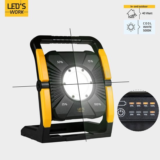 LED's Work 18V Acculamp Werklamp - Incl Adapters - LED Werklamp 5000lm – Klasse 3 • IP54 • IK08 • Dimbaar • Compatibel met Makita, Bosch, DeWalt & Metabo